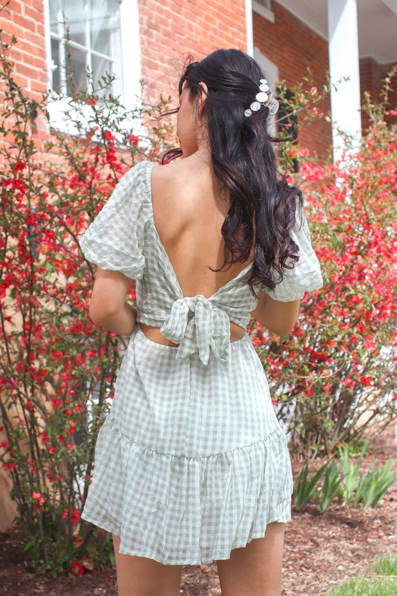 Daydreamer Gingham Puff Sleeve Dress Sage